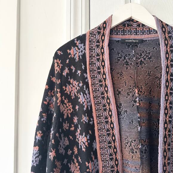 Nanette Lepore Bianca Jacquard Black Copper Purple Patterned Wool Cardigan Large - Picture 11 of 11